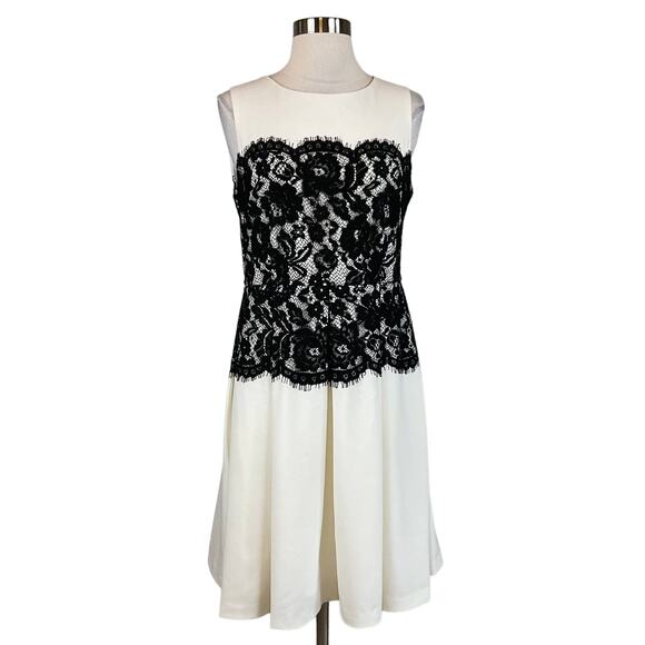 Calvin Klein Lace and Crepe Fit and Flare Cocktail Dress White and Black Size 6 - Picture 1 of 11